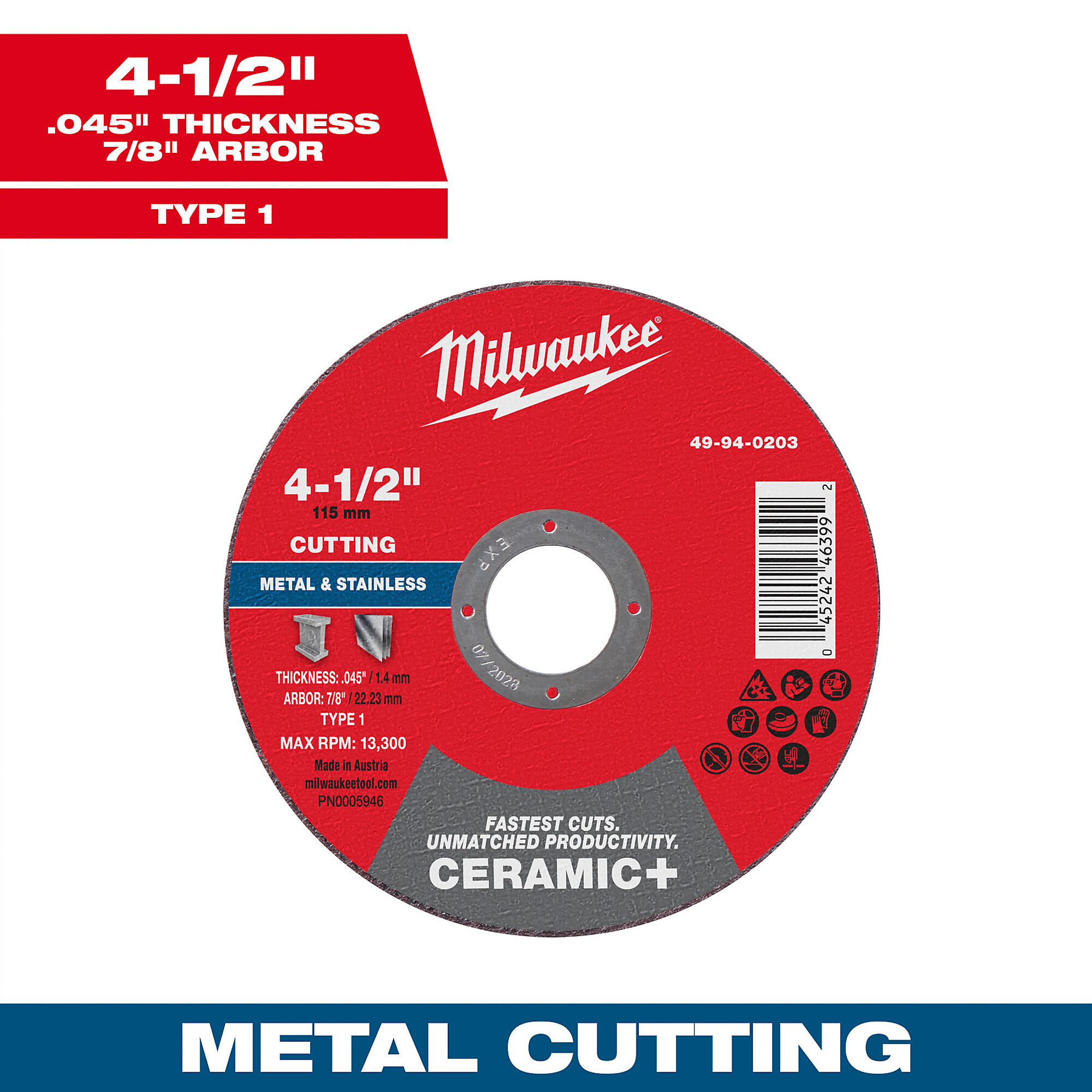 Milwaukee 4-1/2" x .045" x 7/8" Ceramic+ Metal Cut Off Wheel, Type 1, Model# 49-94-0203